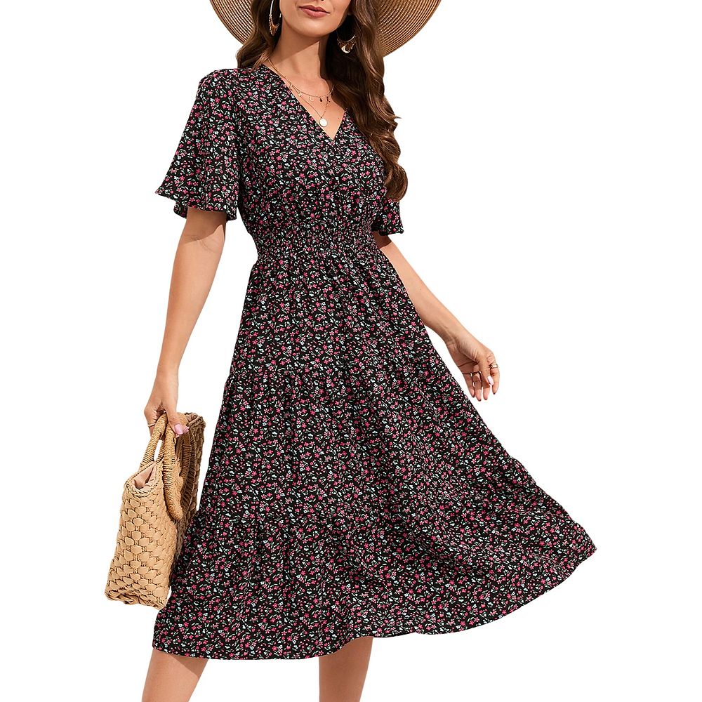 Women's Wrap V Neck Short Sleeve Smocked Waist Flowy Tiered Pleated A ...