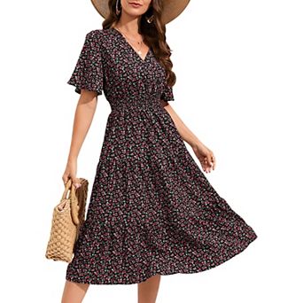 Women's Wrap V Neck Short Sleeve Smocked Waist Flowy Tiered Pleated A Line Midi Dresses