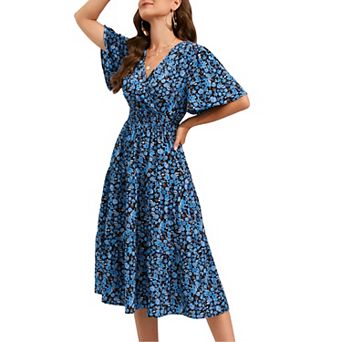 Women's Wrap V Neck Short Sleeve Smocked Waist Flowy Tiered Pleated A Line Midi Dresses