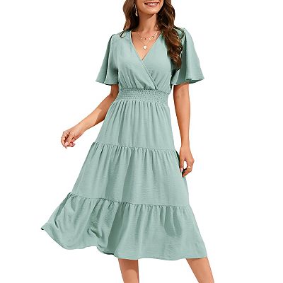 short flowy green dress Frsasu Women's Chiffon Short Sleeve Midi Dress Flowy A-Line V Neck Wrap Evening Party Wedding Guest Cocktail Dresses Green, Size: Large