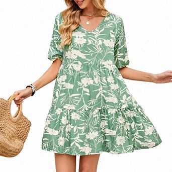 Womens V Neck Short Sleeve Loose Babydoll Shift Mini Dresses for Summer Casual