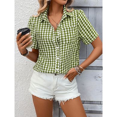 Women's Gingham Print Button Down Short Sleeve Plaid Blouse with Collar and Pocket
