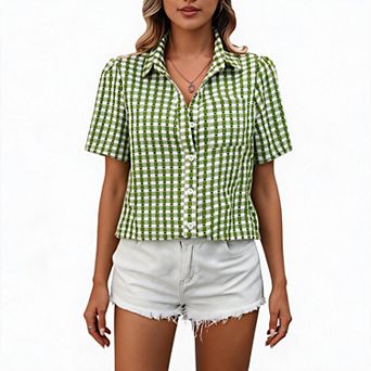 Women's Gingham Print Button Down Short Sleeve Plaid Blouse with Collar and Pocket