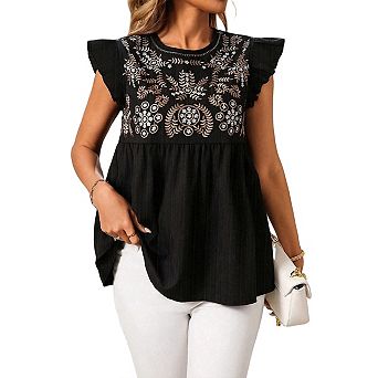 Tank Tops For Women Embroidered Crew Neck Ruffle Fly Sleeve Shirts Casual Summer Going Out