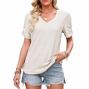 Womens Short Puff Sleeves Blouses Shirts V Neck Cute Solid Knit Casual Regular Fit Tops