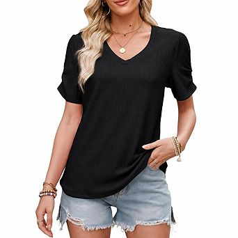 Womens Short Puff Sleeves Blouses Shirts V Neck Cute Solid Knit Casual Regular Fit Tops