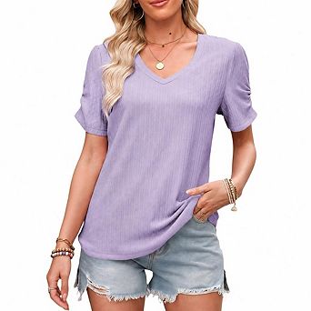 Womens Short Puff Sleeves Blouses Shirts V Neck Cute Solid Knit Casual Regular Fit Tops