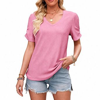 Womens Short Puff Sleeves Blouses Shirts V Neck Cute Solid Knit Casual Regular Fit Tops