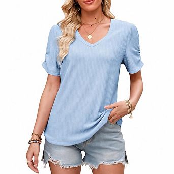 Womens Short Puff Sleeves Blouses Shirts V Neck Cute Solid Knit Casual Regular Fit Tops