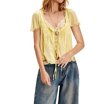 Women Button Down Lace Trim Crop Top Short Sleeve Scoop Neck Ruffle Semi Sheer Tie Front T Shirt