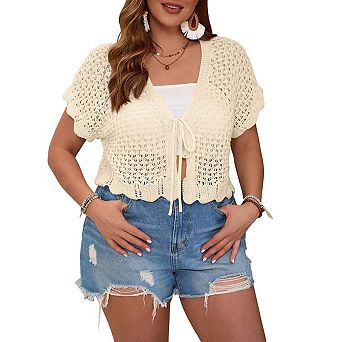 KOJOOIN Short Sleeves Crocheted V Neck Tie Front Cropped Cardigan Sweater
