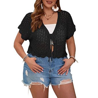 KOJOOIN Short Sleeves Crocheted V Neck Tie Front Cropped Cardigan Sweater