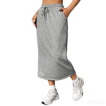 Womens Drawstring Elastic Waist Knit Maxi Skirt Summer Sporty Casual Bodycon Long Skirt With Pockets