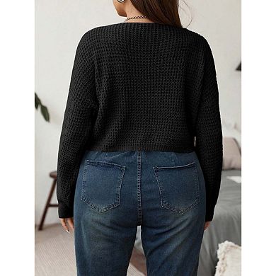 KOJOOIN Long Sleeves V Neck Tie Front Crocheted Knit Sweater