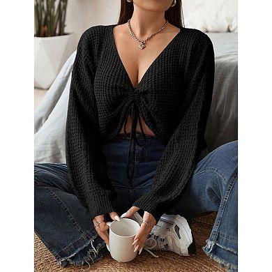KOJOOIN Long Sleeves V Neck Tie Front Crocheted Knit Sweater