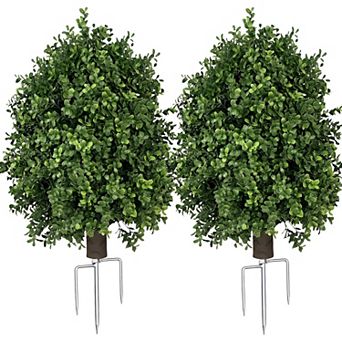2 Pack Artificial Boxwood Topiary Ball Plants,UV Resistant Outdoor Faux Shrubs with Metal Stakes for