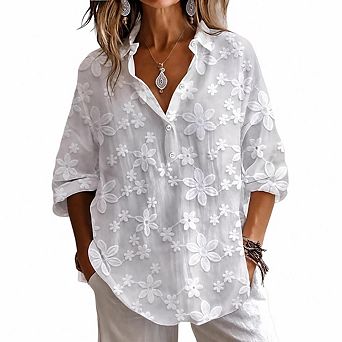 Women's Floral Jacquard Button Down Shirts 3/4 Sleeve Sheer Blouses Loose Fit Casual Top