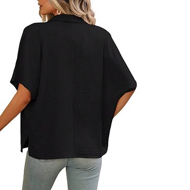 Womens Button Down Short Sleeve Shirts V Neck Loose Roll Up Collared Casual Summer Top Blouses