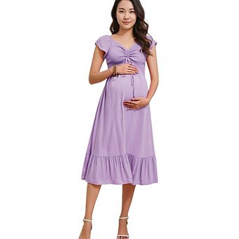 Women's Maternity Casual Cap Sleeve V Neck Smocked Sundress Vacation Outfits