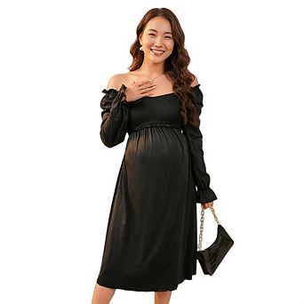 Women's Maternity Long Sleeve Off Shoulder Square Neck Smocked Flowy A-Line Boho Midi Dress