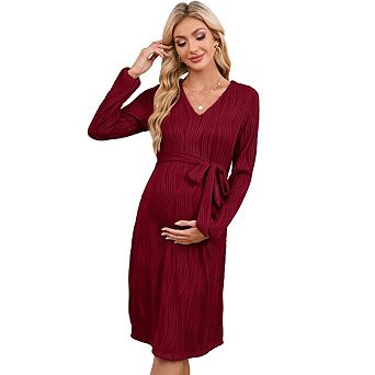 Women Maternity V Neck Long Sleeve Tie Waist Midi Dresses
