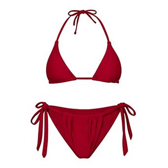 Women Halter String Bikini Set Thong Cheeky Two Piece Swimsuits Solid Color Bathing Swimwear