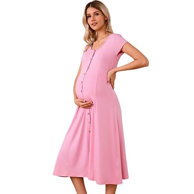 Women Maternity Solid Color Button-Down Nursing Midi Dress