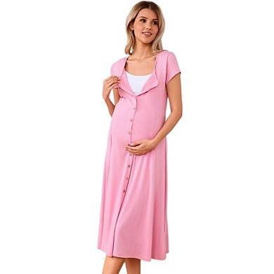 Women Maternity Solid Color Button-Down Nursing Midi Dress