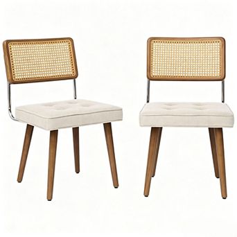 Set of 2 PU Upholstered Kitchen Chairs with Woven Cane Back and Wooden Legs