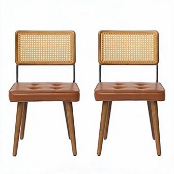 Set of 2 PU Upholstered Kitchen Chairs with Woven Cane Back and Wooden Legs