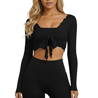 Women's Knit Tie-Front Long Sleeve Scalloped Edge Cropped Cardigan