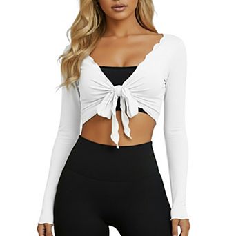 Women's Knit Tie-Front Long Sleeve Scalloped Edge Cropped Cardigan