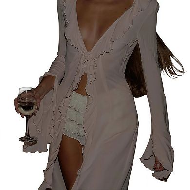 Women's Long Sleeve Flowy Maxi Swimsuit Tie Front Robe Cover Up