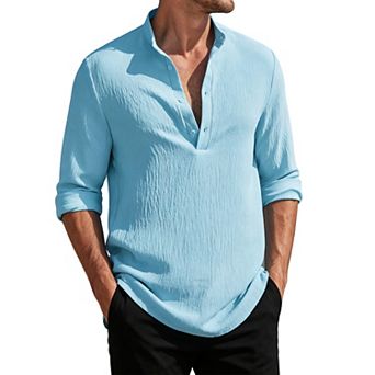 Men's Henley Long Sleeve Shirt Casual Stand Collar Lightweight Button Down Shirt