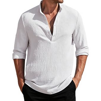 Men's Henley Long Sleeve Shirt Casual Stand Collar Lightweight Button Down Shirt