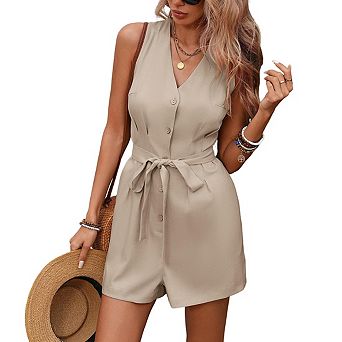 Women's Sleeveless V Neck Button Front Tie Belt Waist Casual Summer Short Jumpsuit Romper