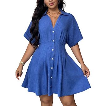 Women's Plus Size Collar V Neck Button Front Short Sleeve Fit Shirt Dress Casual Summer Dress
