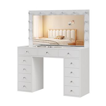 Vanity Desk With Mirror and Lights, 3-Color Lights Adjustable Brightness Make Up Dressing Table