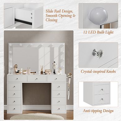 Vanity Desk With Mirror and Lights, 3-Color Lights Adjustable Brightness Make Up Dressing Table