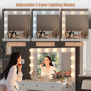 Vanity Desk With Mirror and Lights, 3-Color Lights Adjustable Brightness Make Up Dressing Table