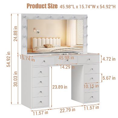 Vanity Desk With Mirror and Lights, 3-Color Lights Adjustable Brightness Make Up Dressing Table