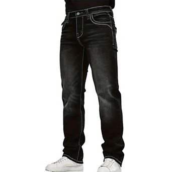 Men's Straight Leg Embroidered Jeans, High Contrast Stitching Casual Denim Pants