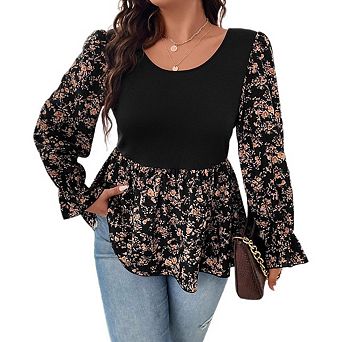 Women's Plus Size Floral Print Peplum Top Round Neck Long Bell Sleeve Casual Blouse