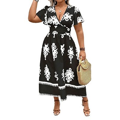 bohemian wrap dress plus size Cuteduck Women's summer casual plus-size Bohemian-style swing wrap dress with floral prints, V-neck and cinched waist, flowing and elegant mid-length