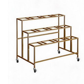 Gold Square Bucket Flower Cart, 3 tier Rolling Display Stand, Sturdy Florist Shelf for Events
