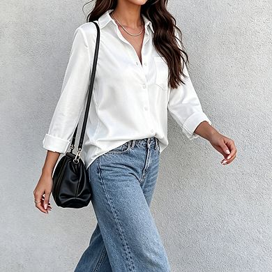 Womens Button Down Shirt Long Sleeves Casual Blouse With Chest Pocket