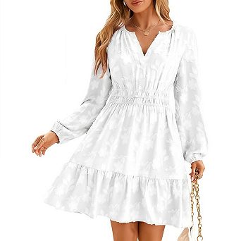 Womens V Neck Puff Long Sleeve Mini Dress A Line Babydoll Flowy Short for Casual Vacation Party