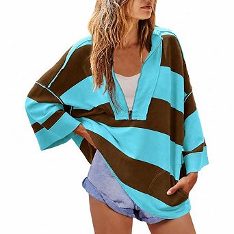 Womens Oversized Sweatshirts Striped Half Zip Long Sleeve Color Block Preppy Y2K Loose Tops