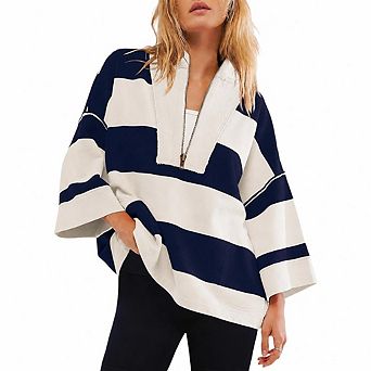 Womens Oversized Sweatshirts Striped Half Zip Long Sleeve Color Block Preppy Y2K Loose Tops