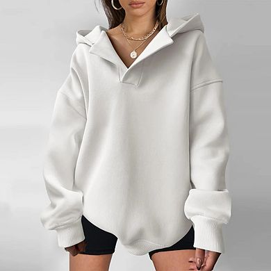 Womens Hoodies Oversized V Neck Sweatshirts Long Sleeve Pullover Casual Preppy Clothes